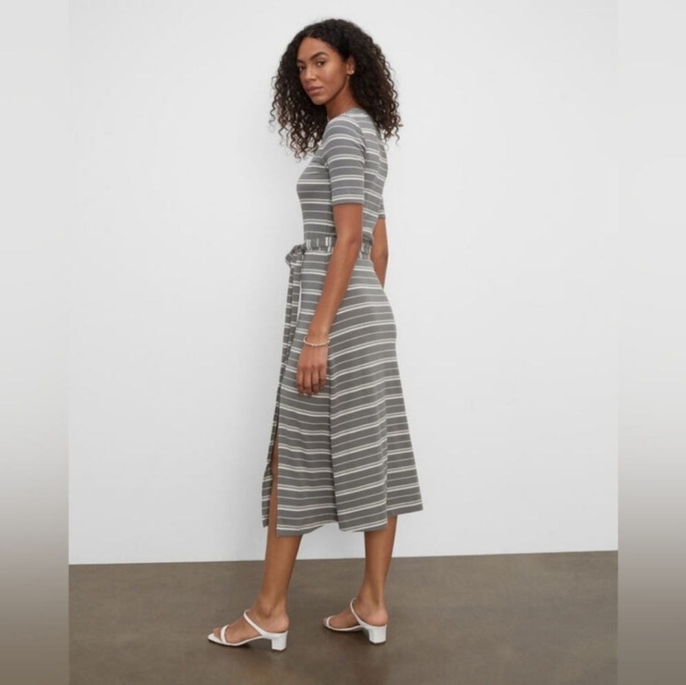 Club Monaco Gray Striped Short Sleeve Rib Knit Midi Dress Size XL